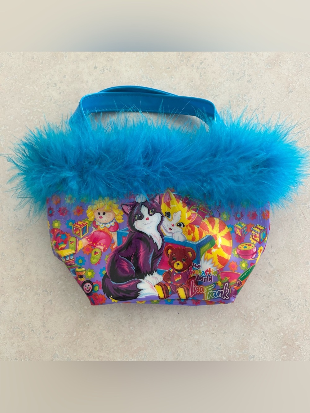 Lisa Frank Blue Furry Pet Tote with Colorful Kitten and Bear Artwork 1990s